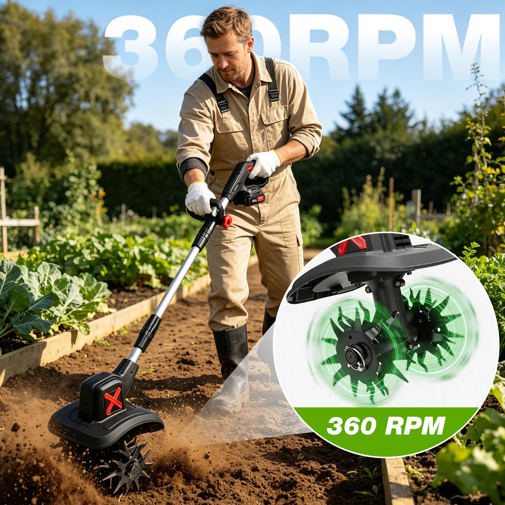 SHALL 21V Motozappa elettrica , completa di 2 batterie e caricabatterie，Area di lavoro: 22,8 cm x 16,8 cm, ideale per la lavorazione di prato, giardino e terreno
