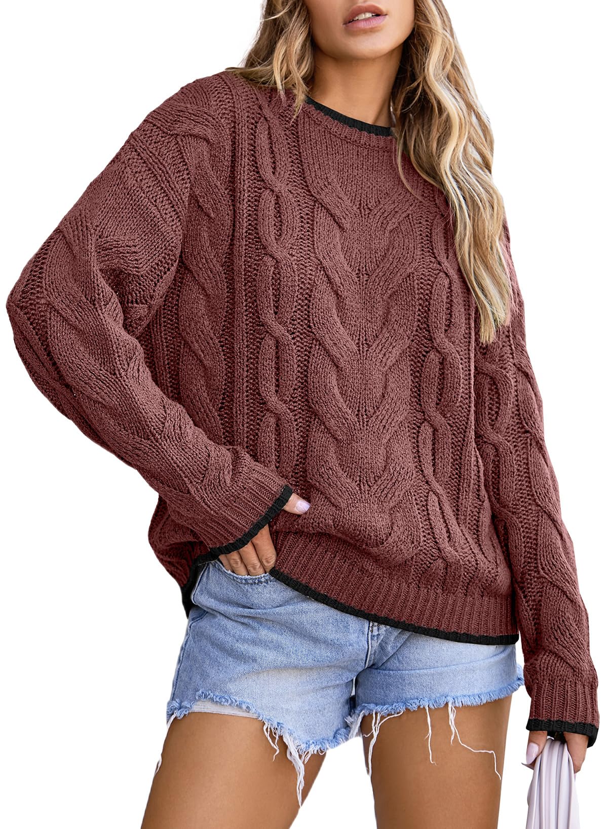 EVALESS Sweaters for Women Trendy Crewneck Long Sleeve Color Block Sweater Tops Fall 2025 Chunky Cable Knit Pullover