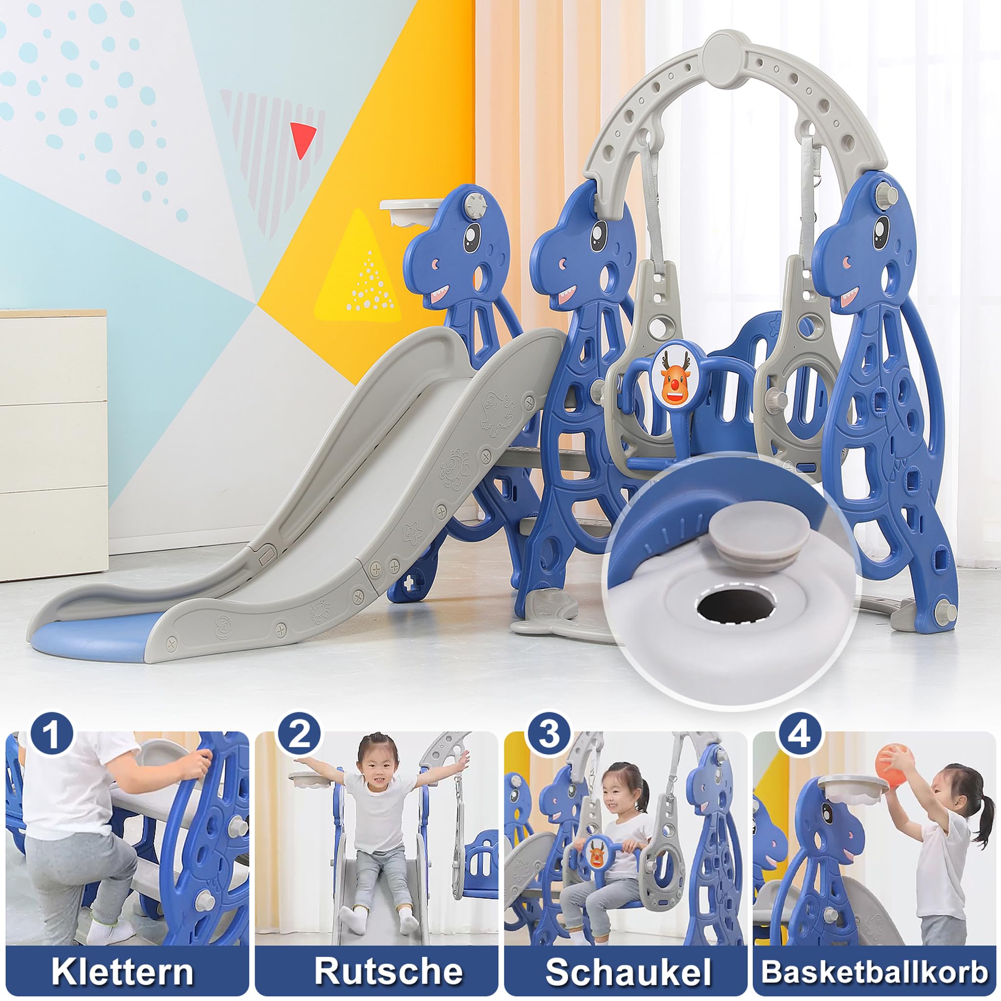 Kinderrutsche für Outdoor & Indoor, 4 in 1 Kinder Spielplatz Rutsche mit Rutschauslauf, Schaukel, Basketballkorb und Leiter, Gartenrutsche Kleinkinderrutsche, Typ C
