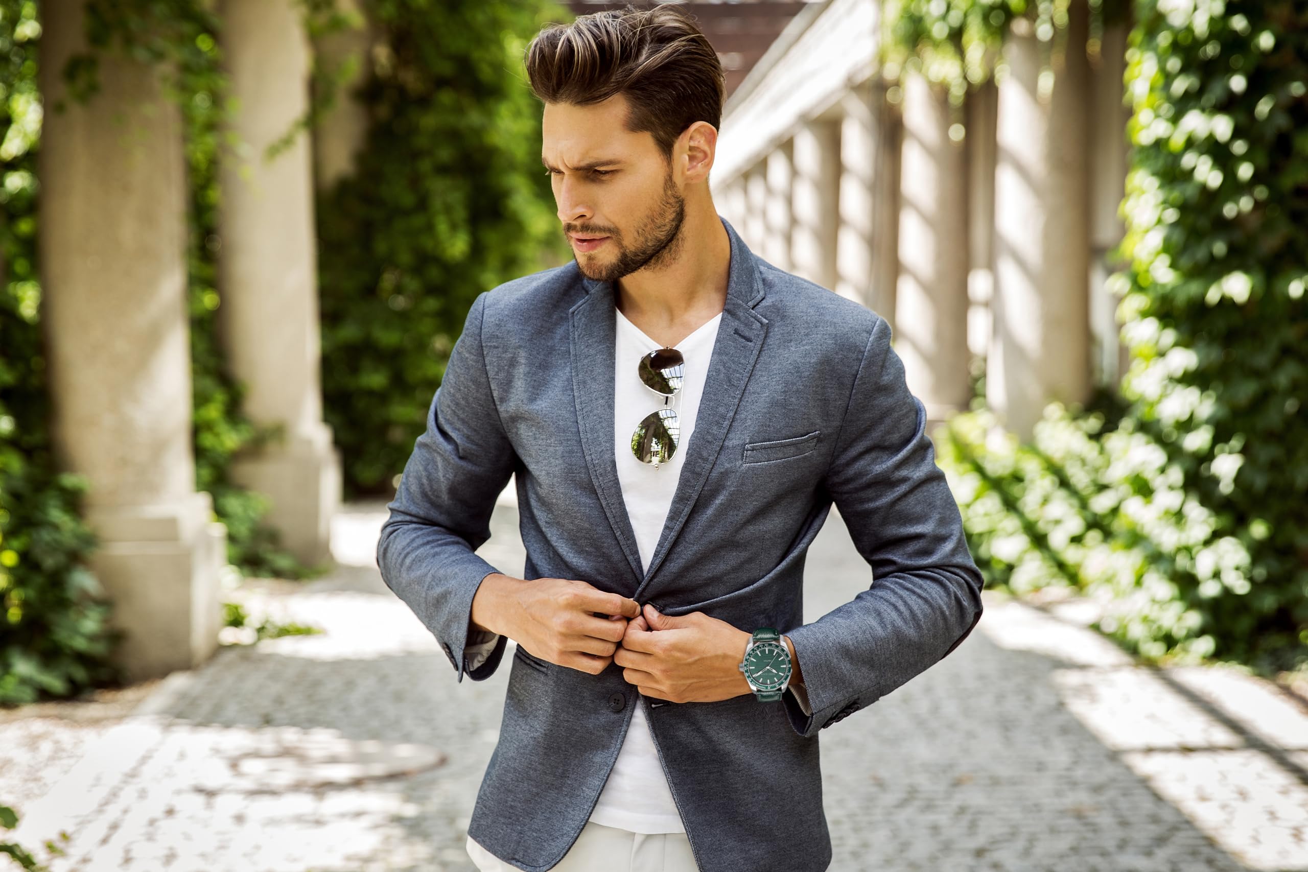 Perry Ellis Solar Powered Mens Watch | Vegan Leather Water-Resistant Analog Wrist Watches for Men | 42mm Case | Aluminum Tachymeter Bezel | Elegant Gift for Man (Green)