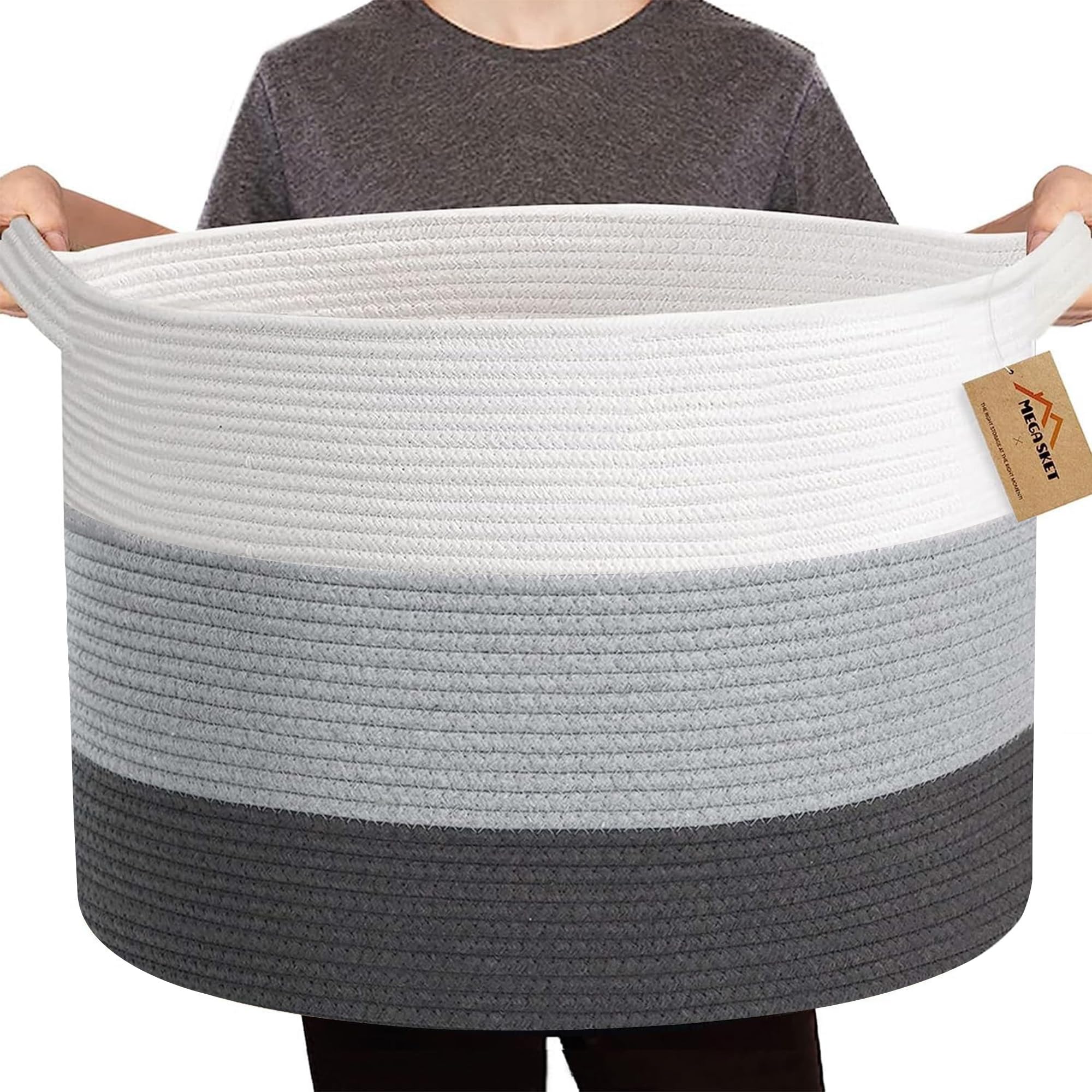 MEGASKET Extra Large Cotton Rope Basket, 22” X 22” X 14” Blanket Storage for Living Room, Soft Kids Dog Toy Bin Box, Woven Round Baskets for