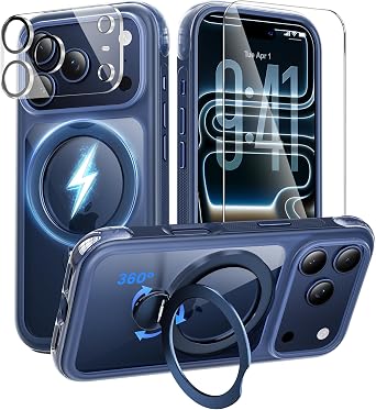 360 Ring Stand for iPhone 17 Pro Case, Airbag Shockproof, Built-in N52 Strong Magnetic, 1X Screen Protector + 1X Camera Cover, Anti-Yellowing Scratch-Resistant Back,MagSafe Compatible 6.3" Blue