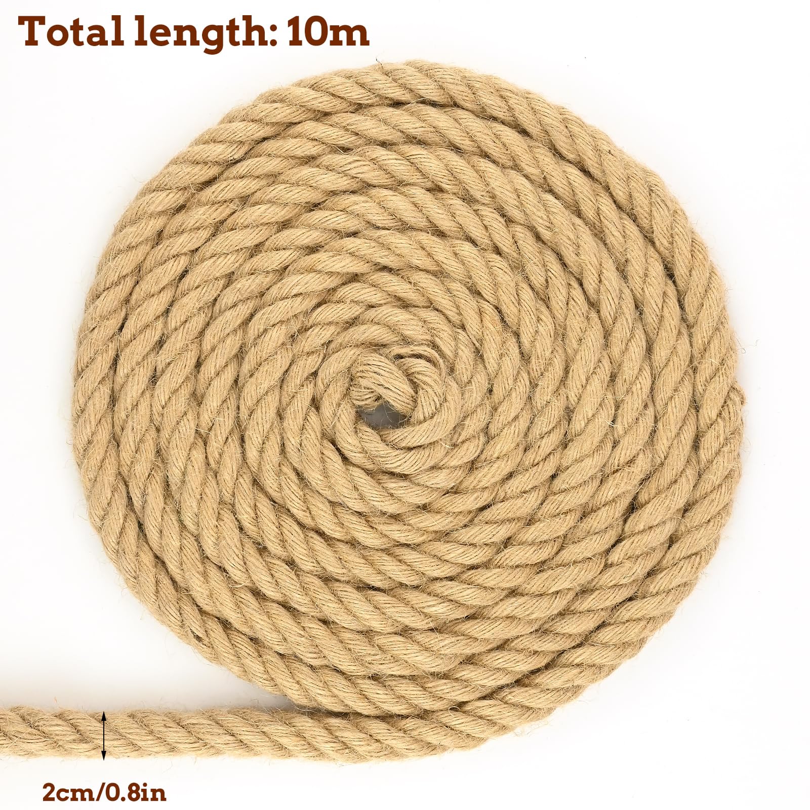 Cuerda de yute de 20 mm, 10 m, 4 hebras, cuerda decorativa natural, cuerda de yute gruesa, cuerda de obstáculos, cuerda trenzada, cuerda de jardín para decoración interior y exterior, decoración de
