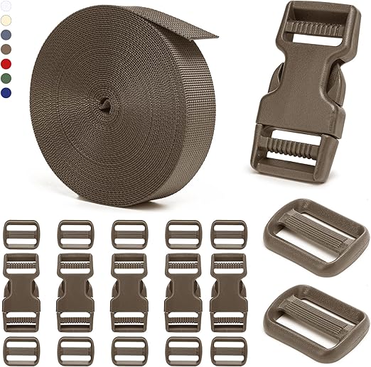1 inch Buckles and Strap Set: 10 Yards Polyester Webbing Strapping, 6 Pack Dual Adjustable Side Release Plastic Buckles, 12 PCS Tri-Glide Slider Clips for Tactical Gear, Coyote tan