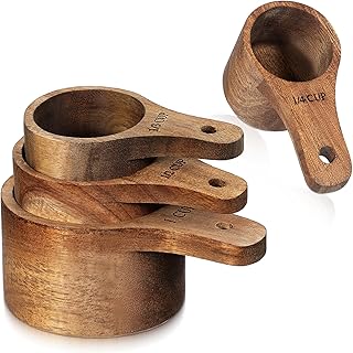 Acacia Wood Measuring Cups, Eco-Friendly Solid Acacia Wood, Stackable Kitchen Measure Tool with Handle, Wooden Kitchen Accessories, Laser Engraved Measurements, 4 Sizes