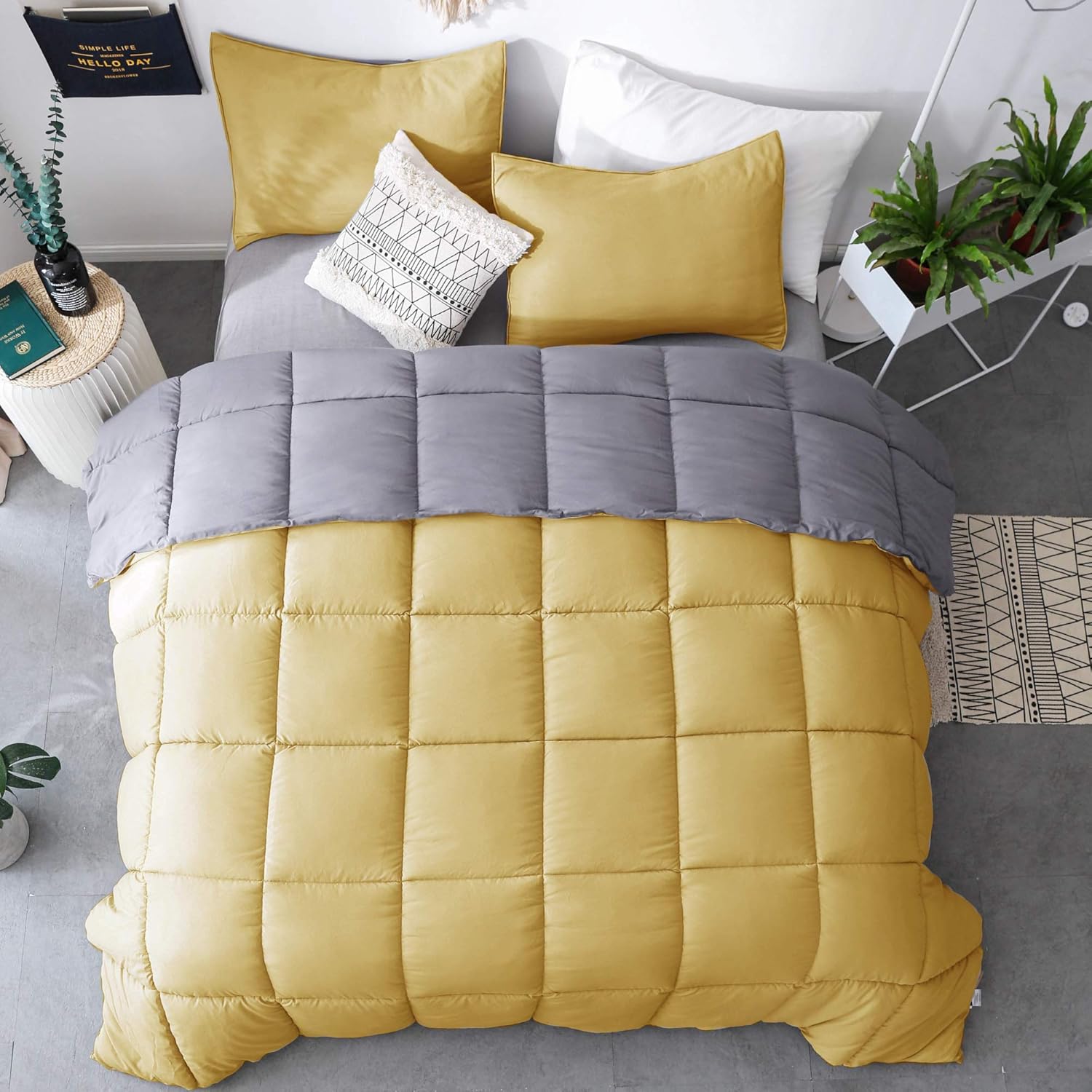 Buy 1 get 1 KASENTEX All Season Down Alternative Quilted Comforter Set Reversible Ultra Soft Duvet Insert Machine Washable (Yellow/Grey, King Set)