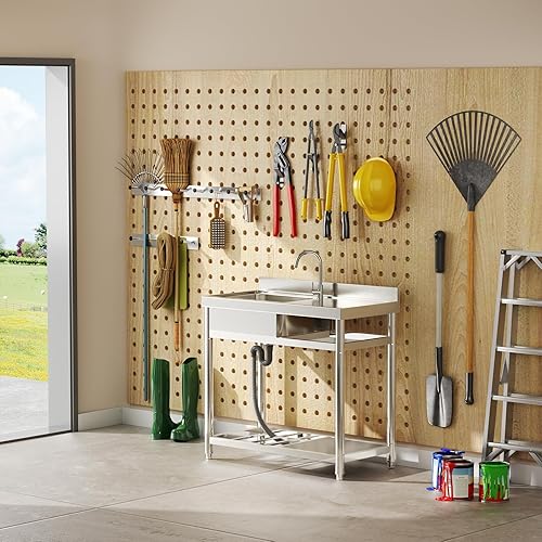 Miniatura 7 de ROOMTEC Juego de fregadero de acero inoxidable 304, fregadero de cocina de restaurante comercial, fregadero al aire libre con banco de trabajo y