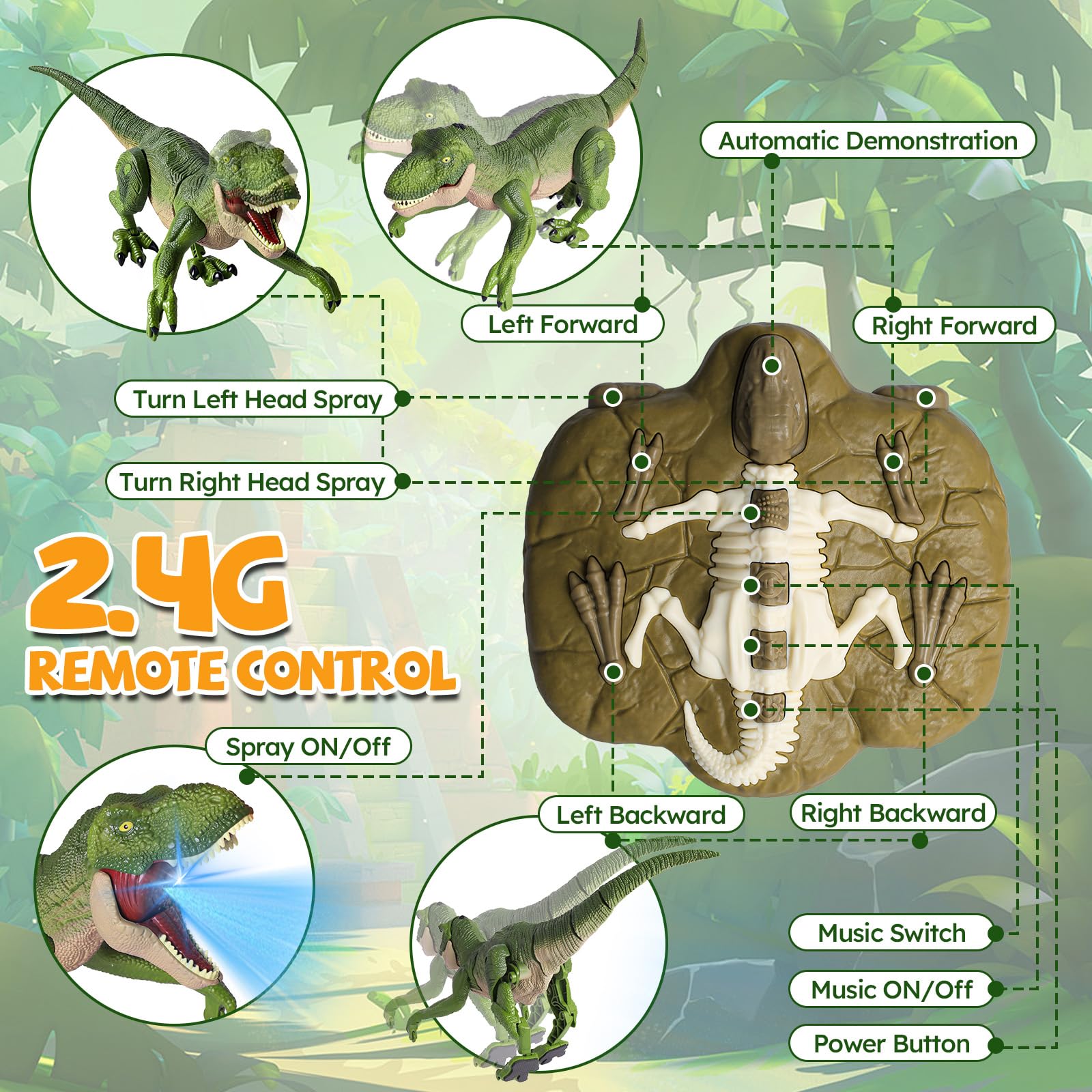 Giocattolo a forma di dinosauro, giocattolo radiocomandato a LED per bambini, robot RC Dino con rumore, funzione spray, movimenti testa e coda, regalo per ragazzi e ragazze 3-12 anni