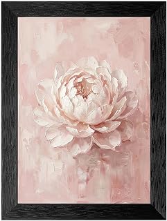 Framed Wall Art - White Peony Impressionist Flower Oil Painting in Premium Textured Black Frame - Minimalist Blush Pink and Cream Floral Decor for Living Room, Bedroom - 8x10 Inch