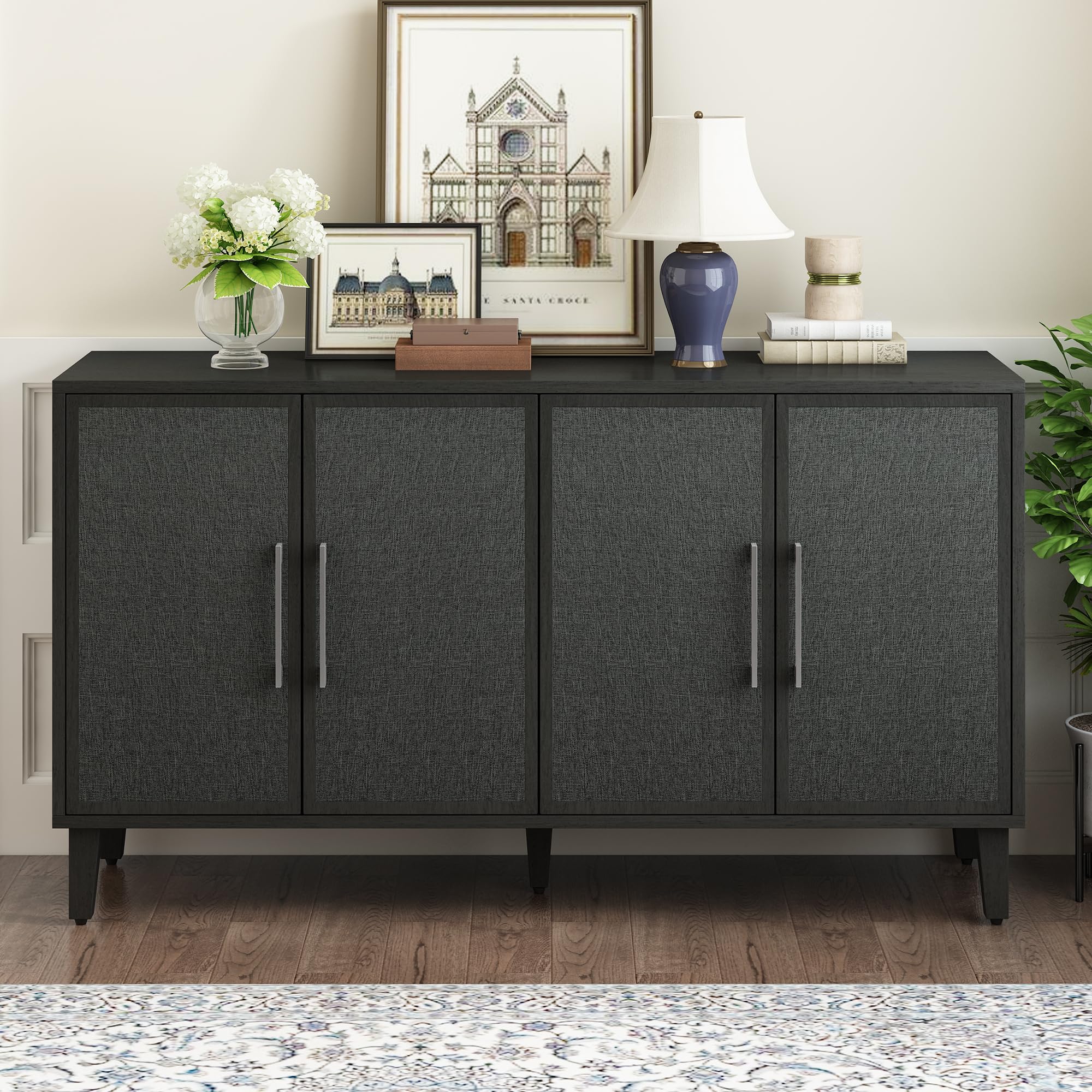 VilroCaz 60'' Light Luxury Storage Cabinet Sideboard with 4 Linen Cabinet Doors and Adjustable Shelves, Wood Accent Storage Cabinet Entryway Table for Living Room Entrances Kitchen Study (Black-L D)