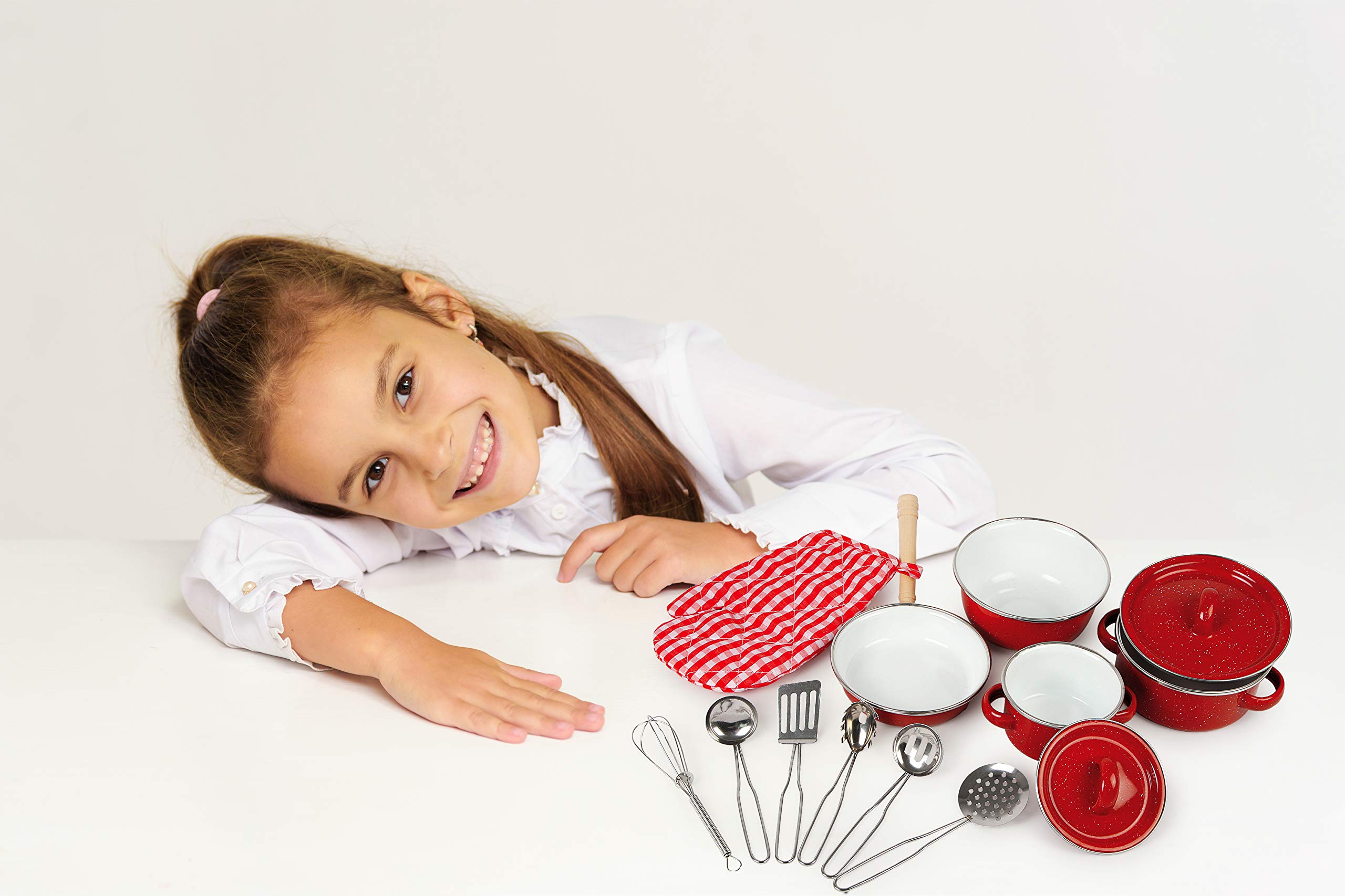 Small Foot 8964 Metal cookware, for Children's Kitchens, incl. Gloves and Kitchen Utensils, 13 pcs., from 3 Years Old