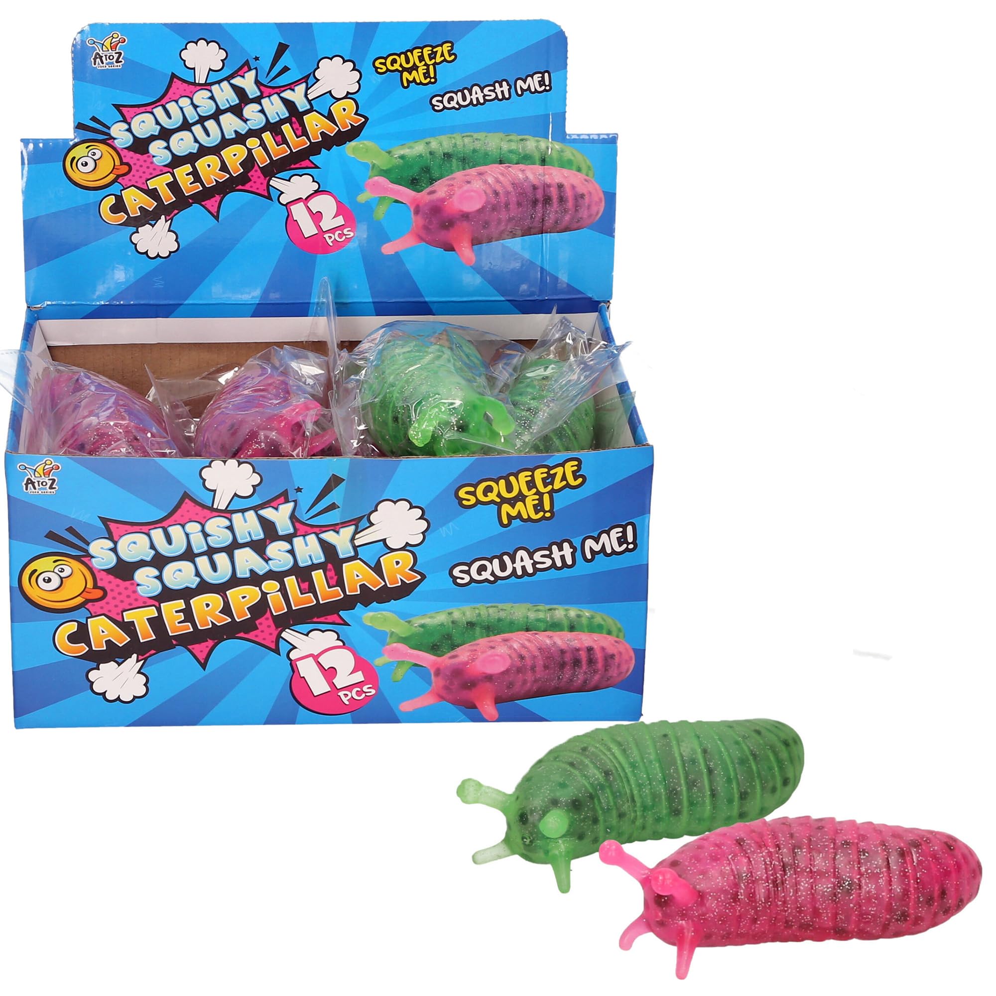 A to Z Squishy Squashy Caterpillar Squeeze Toy, Glitter, Pink and Green, Pack of 12