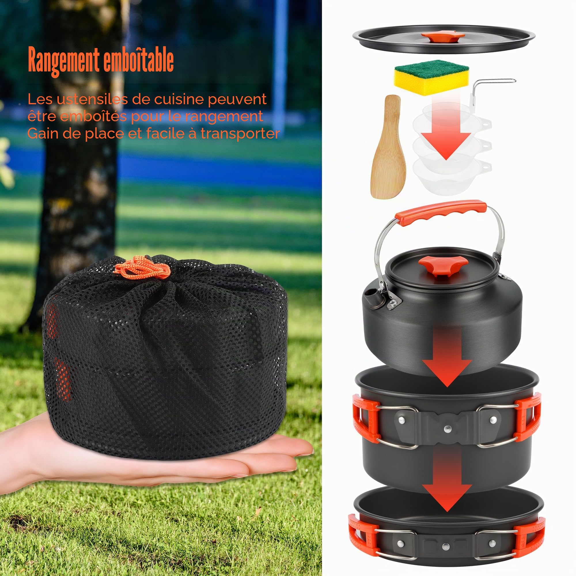 10pcs Kit de Casseroles Camping, Batterie de Cuisine Extérieure avec Casseroles, Bouilloire, Casseroles et Spatule pour Camping, Randonnée, BBQ