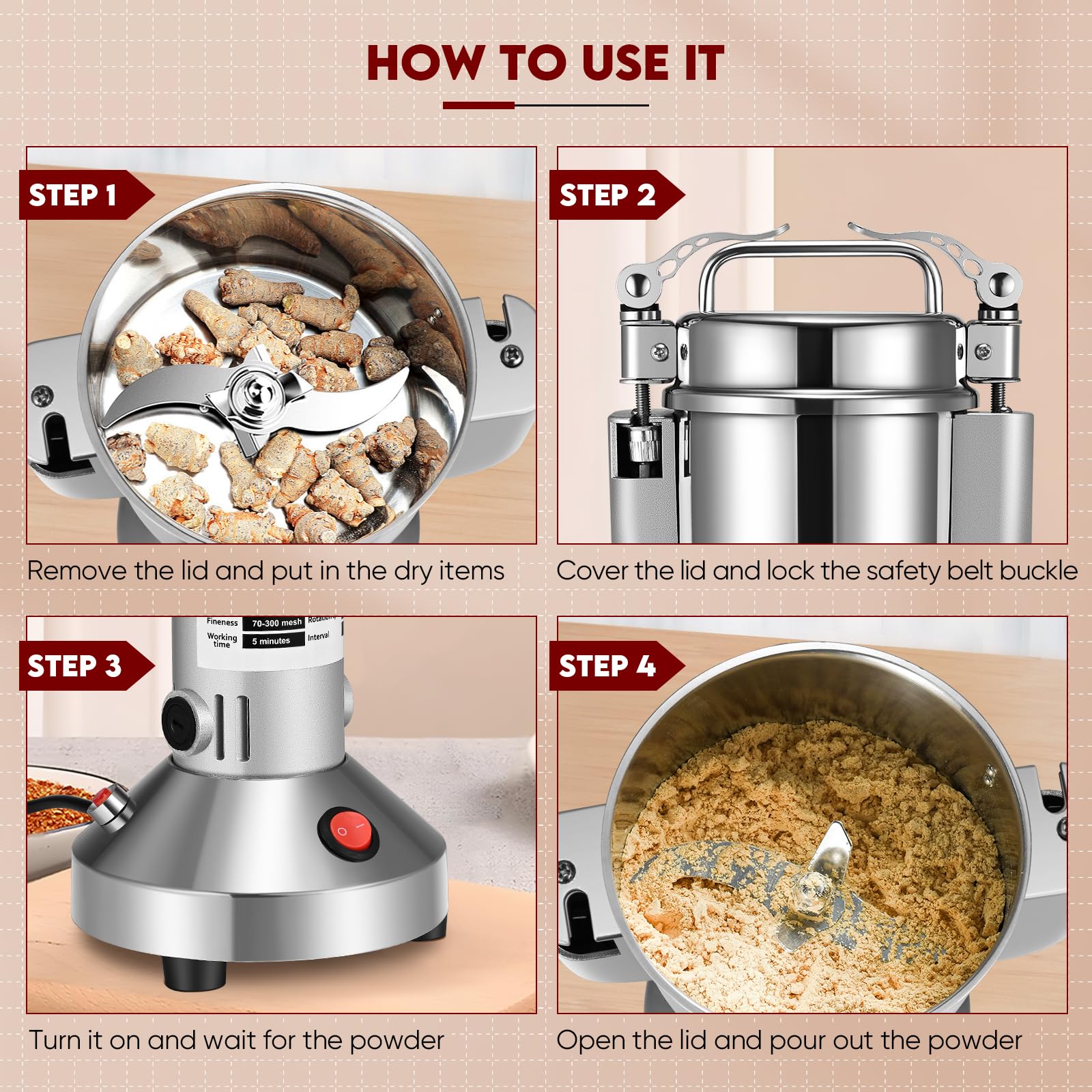 Mulino per Cereali,150g Portable Grinder 850W Macinaspezie Elettrico 3 Lame per Diversi Cereali, Erbe, Spezie, Noci
