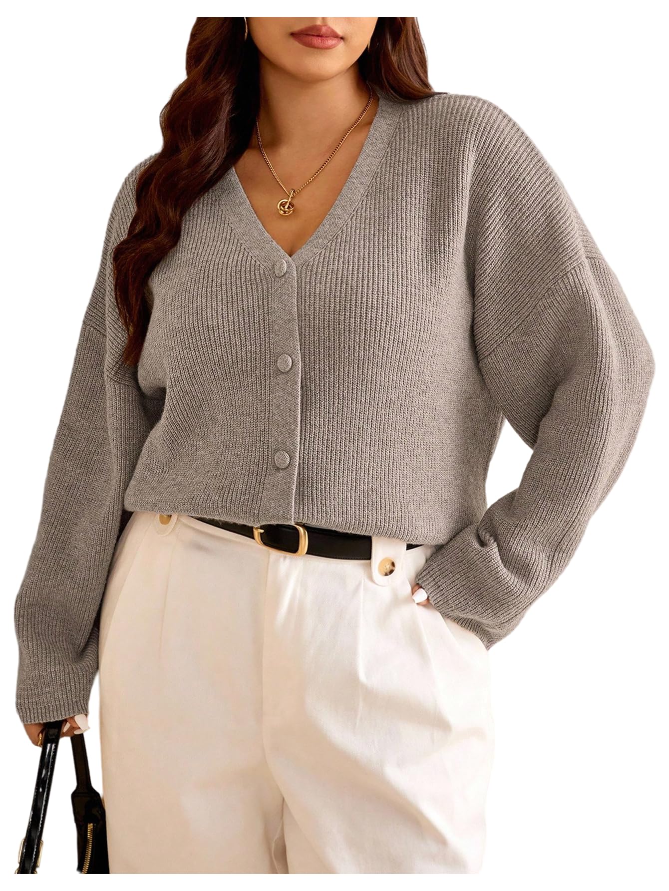 MakeMeChic Womens Plus Size Long Sleeve Cardigan V Neck Button Down Knitted Old Money Clothes