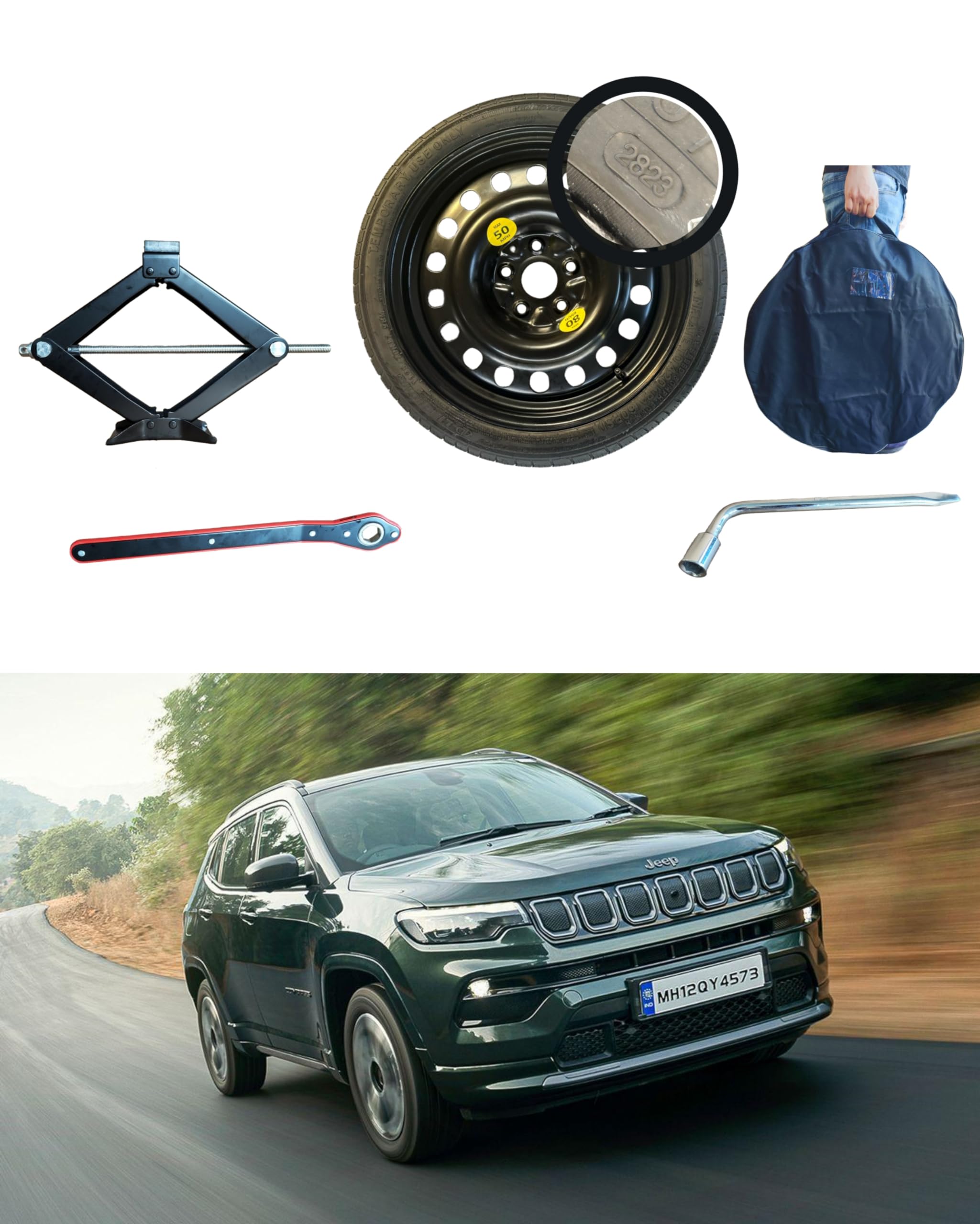 Kit Rueda de Repuesto de 18" Compatible con Jeep Compass Phev 4XE con Gata, Llave y Funda