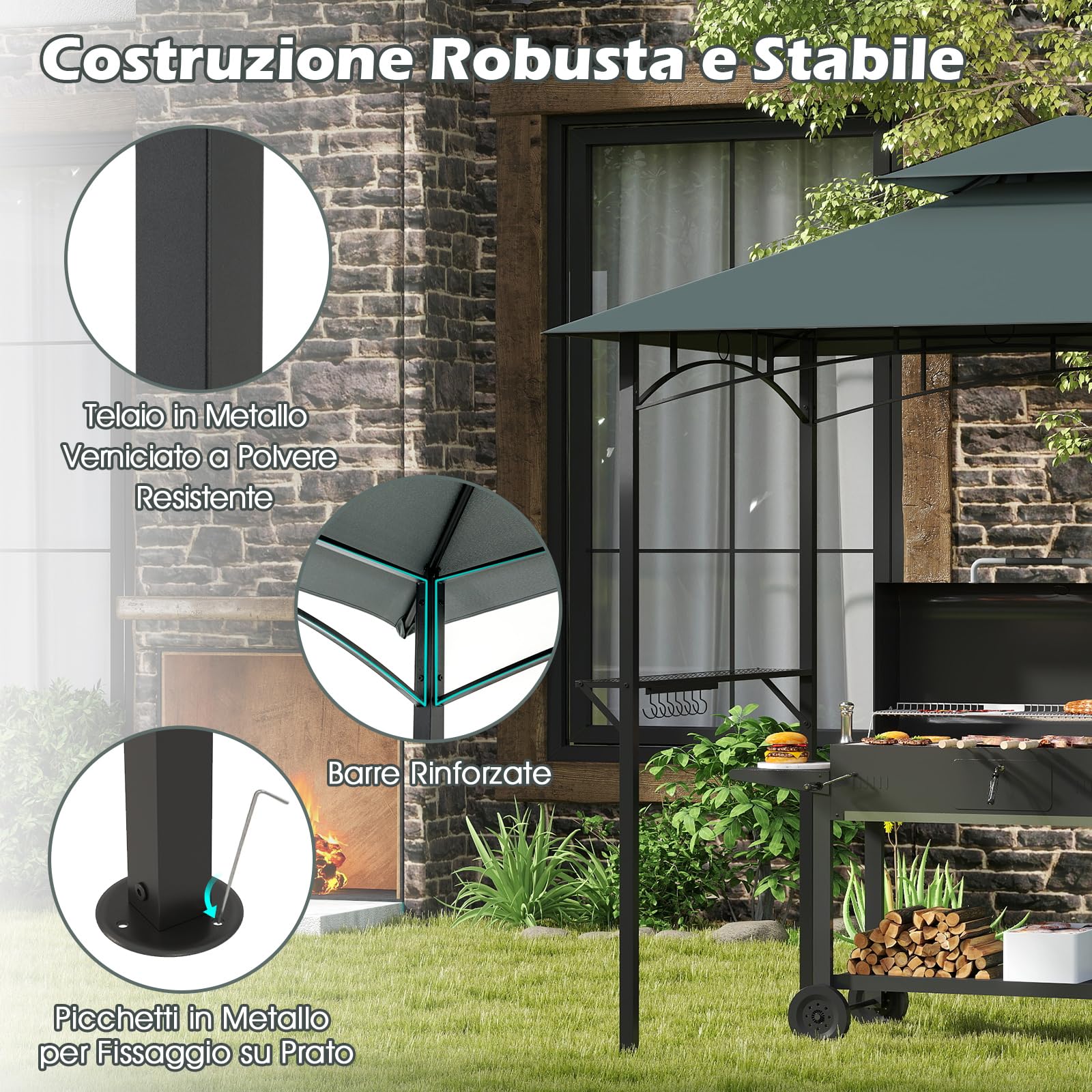 COSTWAY Gazebo per Barbecue 240 x 151 cm, Pergola per BBQ con con 2 Ripiani, 7 Ganci, Struttura in Metallo e Tetto Morbido, Tenda per Picnic e Barbecue per Giardino, Piscina e Terrazza (Grigio)