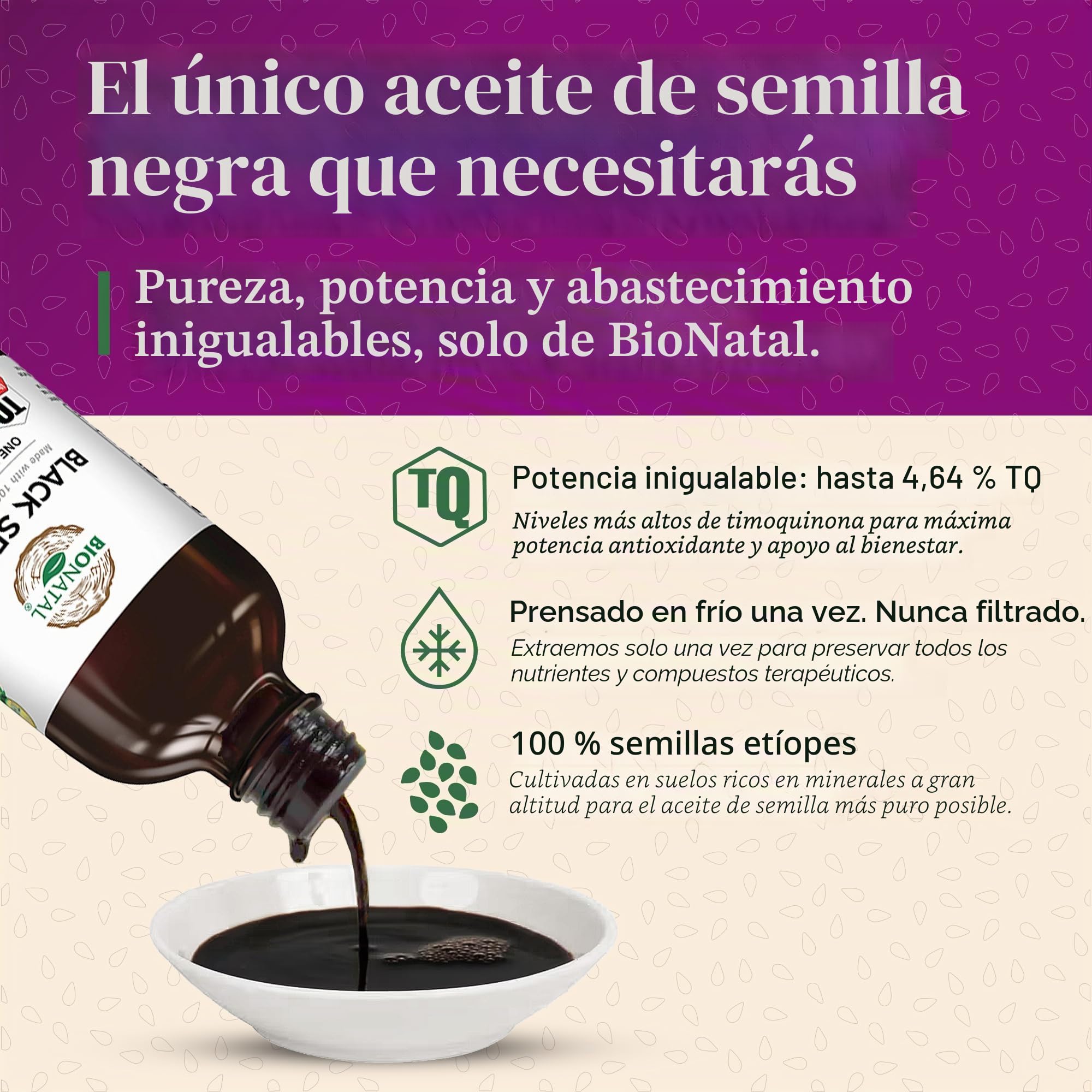 Bionatal Aceite de semilla negra etíope 4.34% de timoquinona (TQ), semillas de nigella sativa, aceite de semilla de comino negro sin filtrar, prensado en frío