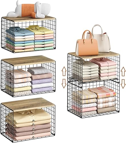 5-Tier Large Stackable Closet Organizer and Storage Basket, Sturdy Closet Shelf Organizer with Wood Top, Stackable Storage Bins Cubes for Clothes