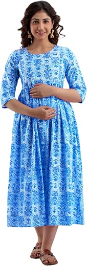 Women’s Pure Cotton A-Line Printed Maxi Maternity Gown Dress | Feeding Maternity Gown Kurti for Women (Grey, 3XL)
