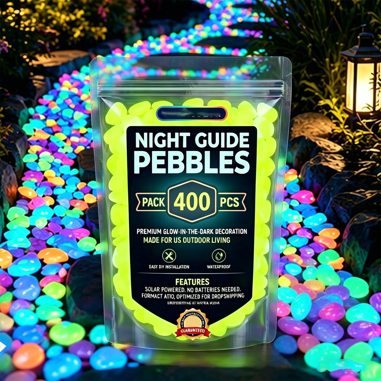 Colorful Glow-in-the-Dark Garden Stones, Night Guide Pebbles Glow, Rainbow Luminous Stepping Stones for Outdoor Walkway & Landscaping, Glowing Fish Tank Decorations, Vase Glow-Rocks (Yellow,400)