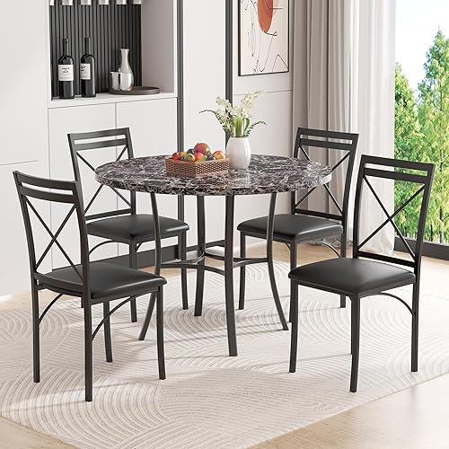 Miniatura 2 de VECELO Juego de mesa de comedor de 5 piezas para 4, comedor de mármol sintético con sillas para cocina, rincón de desayuno, espacio pequeño, negro