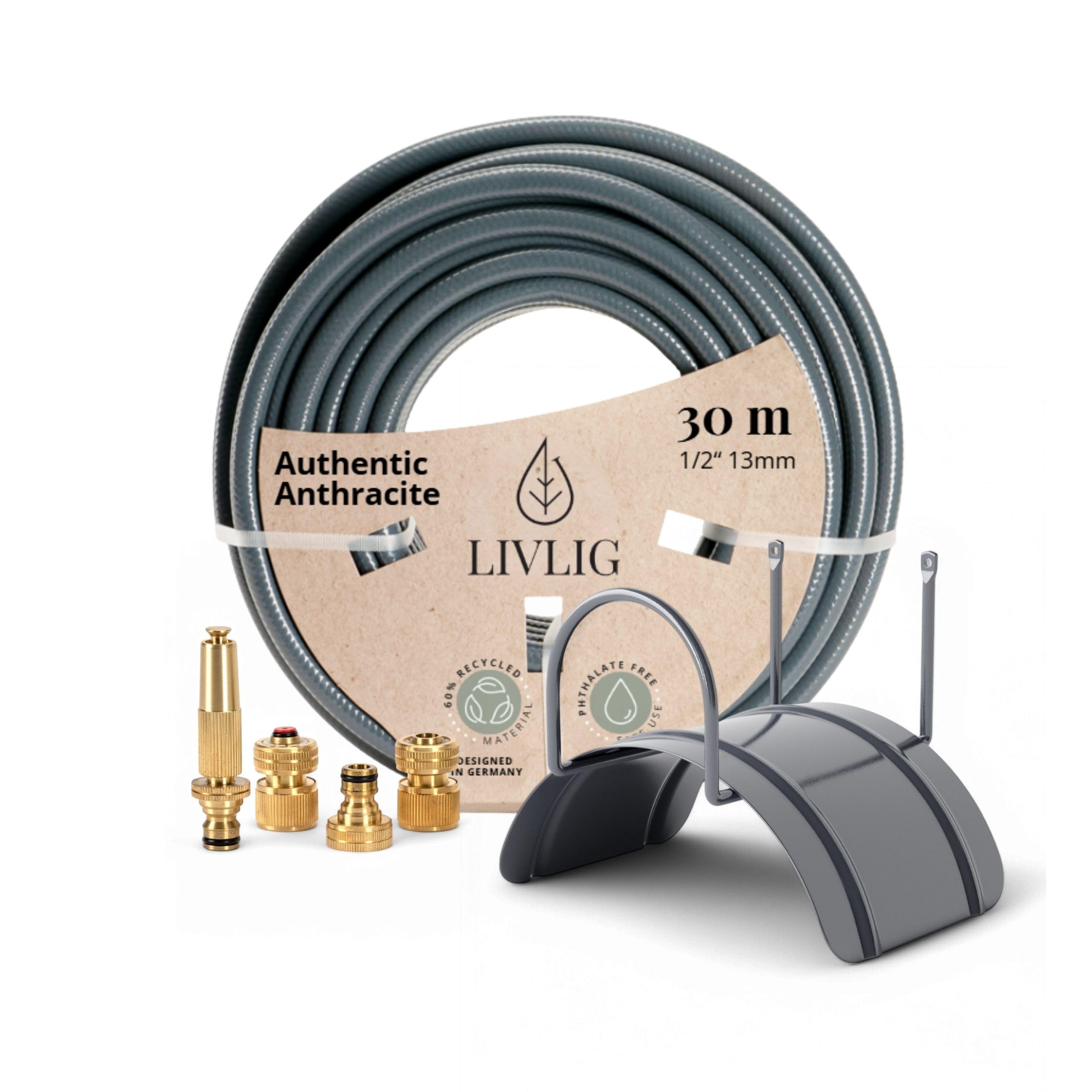 Livlig Kit manguera de jardín 1/2" 30m - Manguera de jardín de 1/2" con soporte de pared y pistola rociadora de latón (regulable continuamente) y accesorios kit de riego 30 m, antracita