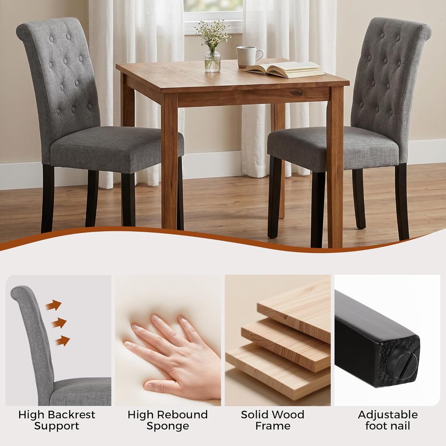 thksbought Set of 4 Upholstered Fabric Dining Chairs with Button-Tufted Details (Set of 4 Gray,No Table)