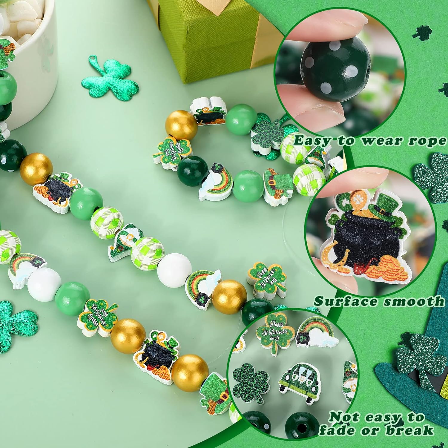 200 Pieces St. Patrick's Day Wood Beads Green Spacer Farmhouse Polished Round Beads St. Patrick's Day Wooden Craft for Patrick Day DIY Crafts Garland Home Party Decor Ornaments - Image 3