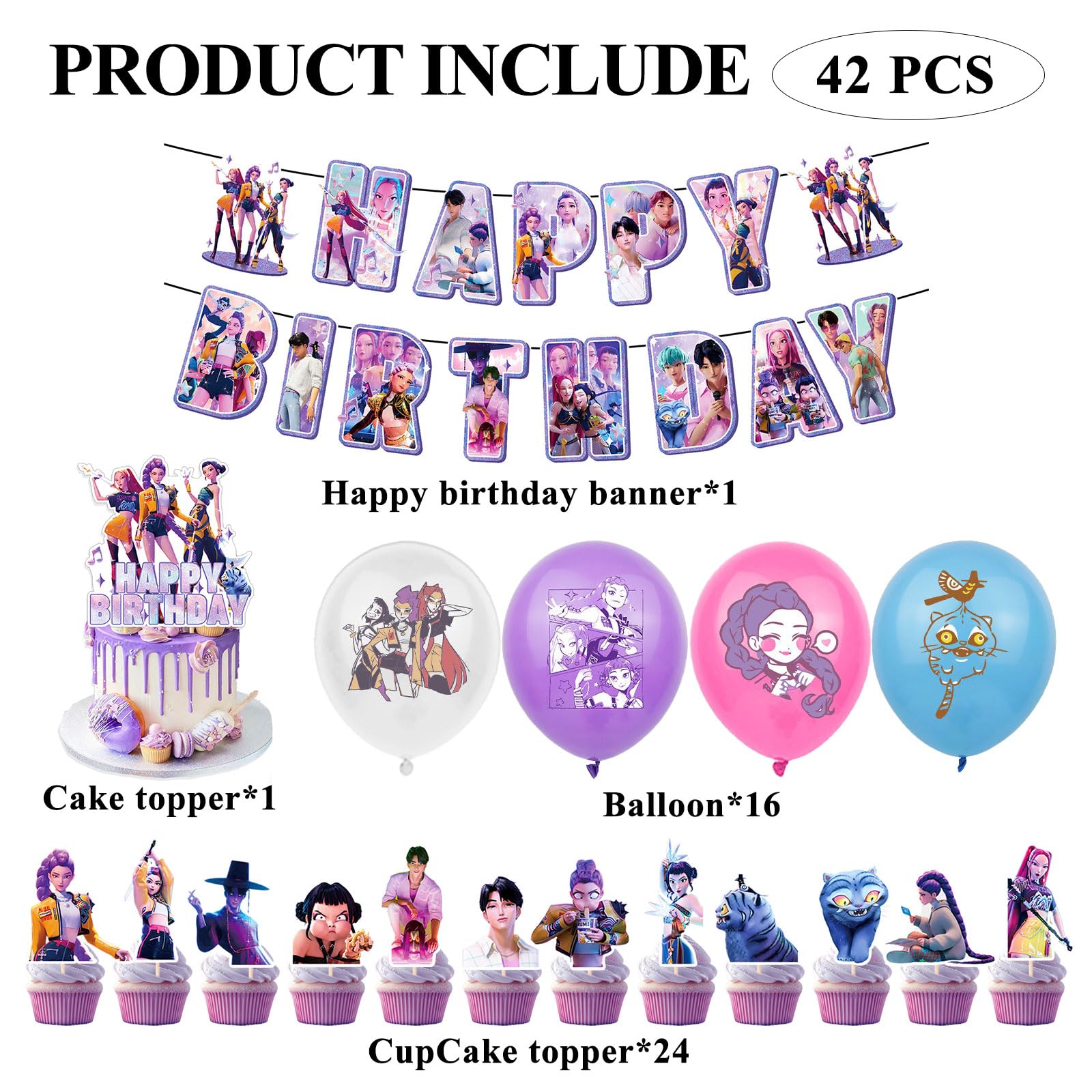 42pcs Set Decorazioni Festa di Compleanno Kpop Demo, Tema Cartone Animato con Banner, Palloncini e Topper per Cupcake per Feste di Bambini