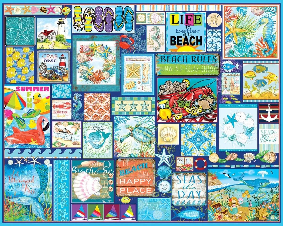White Mountain 1000 Piece Jigsaw Puzzle Beach Life Collage Puzzles with Large Pieces for Adults and Family 24"x30" - Seas The Day