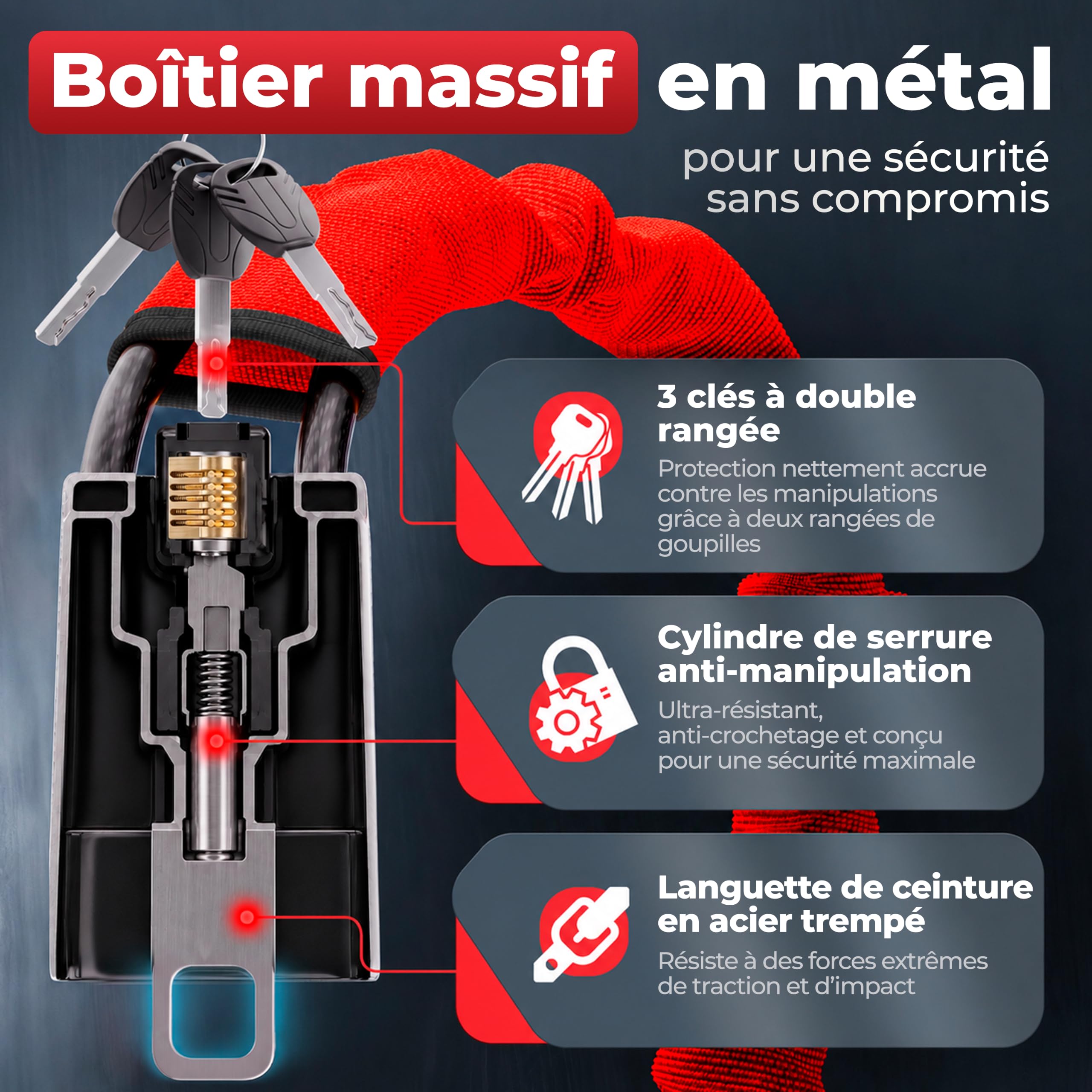 HELDENWERK® Antivol de volant pour voiture et camping-car - En métal - Ajustement universel - Antivol de volant avec câble en acier épais - Anti-démarrage - Avec 3 clés de sécurité - Rouge