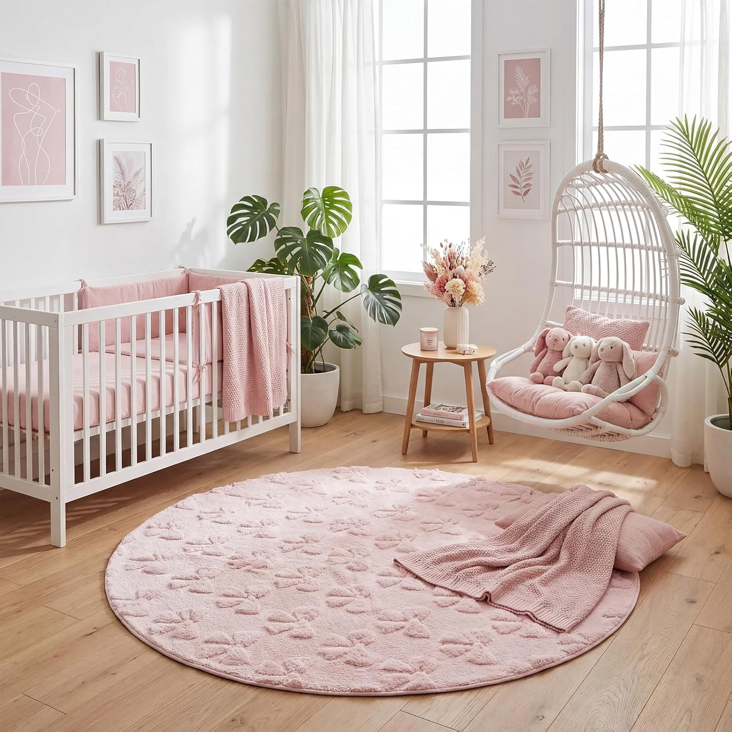 Breling Pink Bow Round Rugs for Bedroom 4 ft Circle Area Rugs for Living Room Fluffy Circular Rug for Woman Coquette Room Decor Nursery Rooms Dorms Home Aesthetic Round Pink 3'8" (Round)