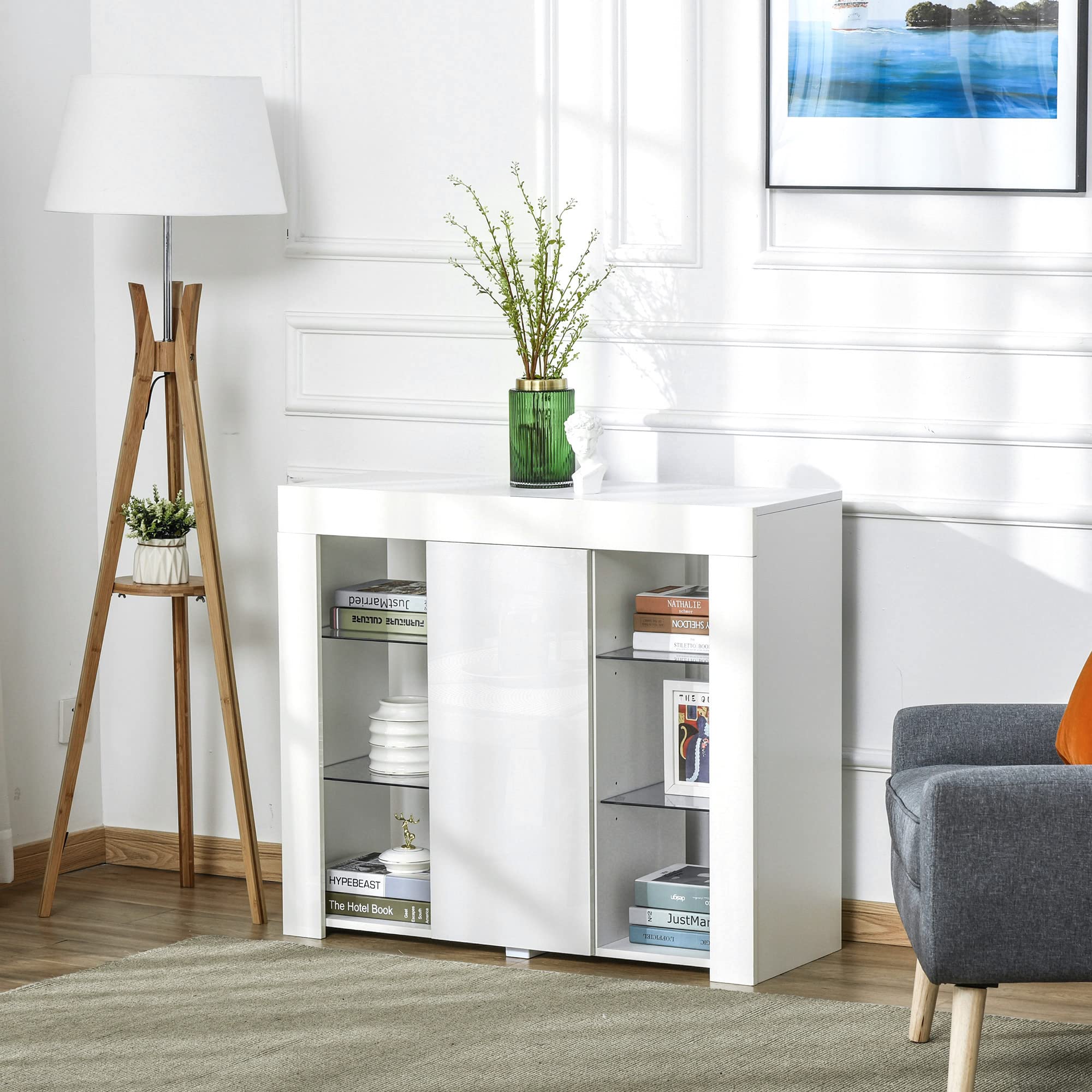HOMCOM Credenza Moderna con Luci LED Finitura Lucida 97x35x83cm Bianco | a Anta, Mensole in Vetro, Mobile Multiuso in Legno