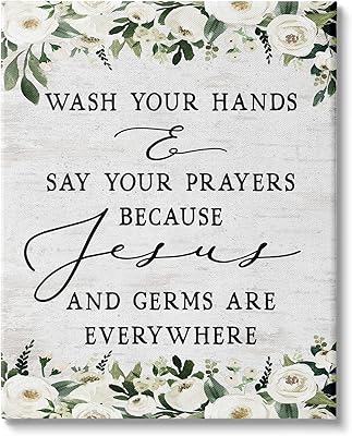 Stupell Industries Wash Hands Say Prayers Jesus Germs Everywhere Phrase Canvas Wall Art, 16 x 20, Off- White