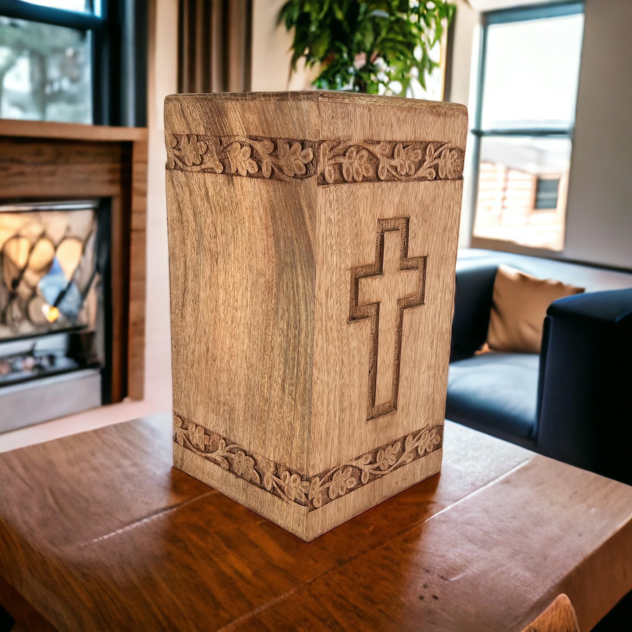 Funeral Cremation Urn Ashes/Wooden Carved Cross Urns Box/Burial Funeral Memorial Urns for Ashes, Holds 20 Cubic Inch/Set of 1