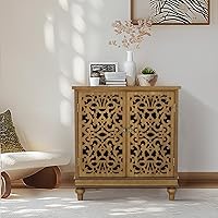Vista 10 de MFSTUDIO Accent - Armario de almacenamiento de madera con 3 puertas, aparador de bufé grande de granja, armario de almacenamiento decorativo tallado
