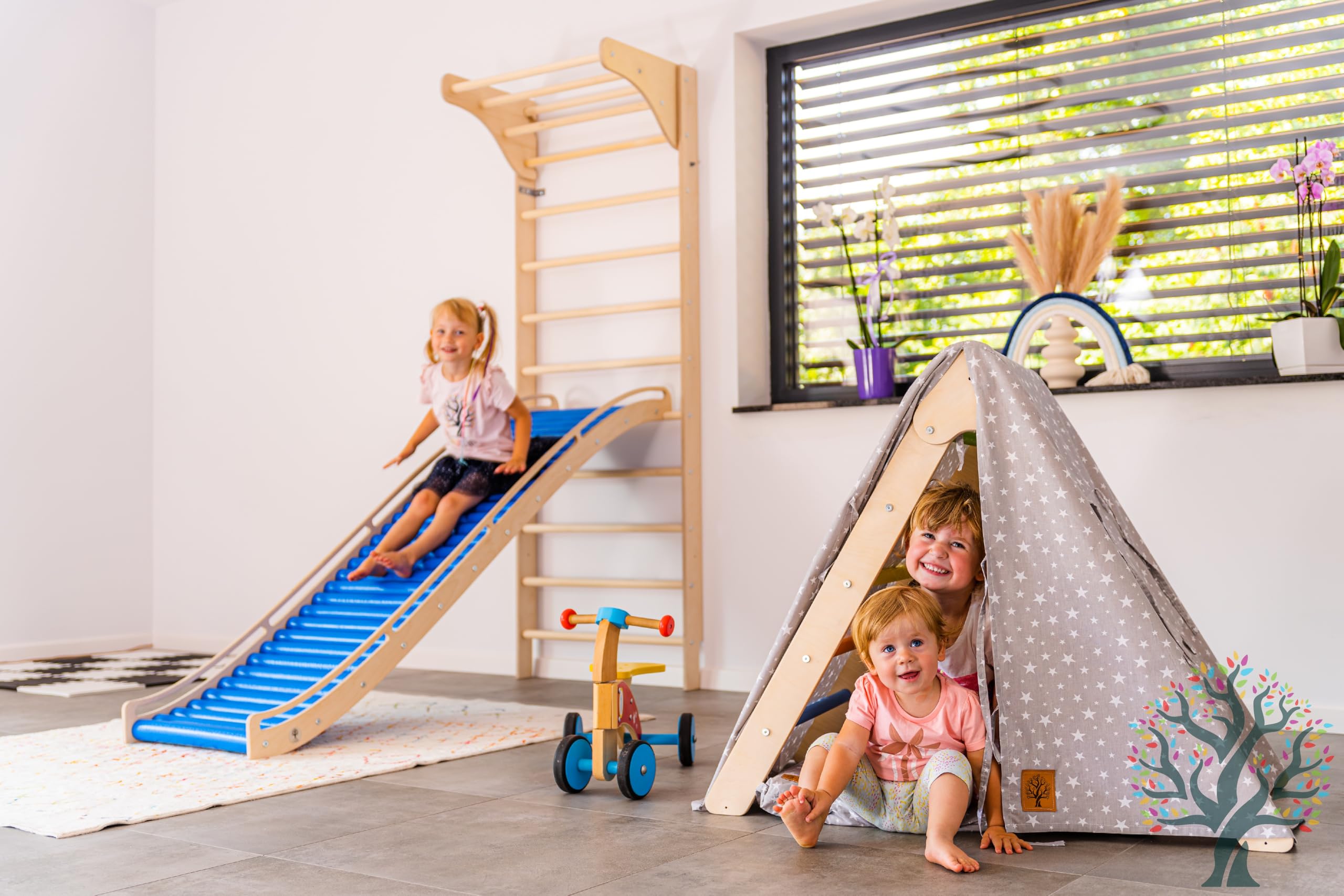 WoodsCraft 3in1 Wellenrutsche mit Kletterdreieck, Sprossenwand für Kinderzimmer & Kinderzelt Indoor | Rutsche Outdoor & Indoor | Kinderrutsche-Rollenrutsche | Kinder & Baby Rutsche für den Garten