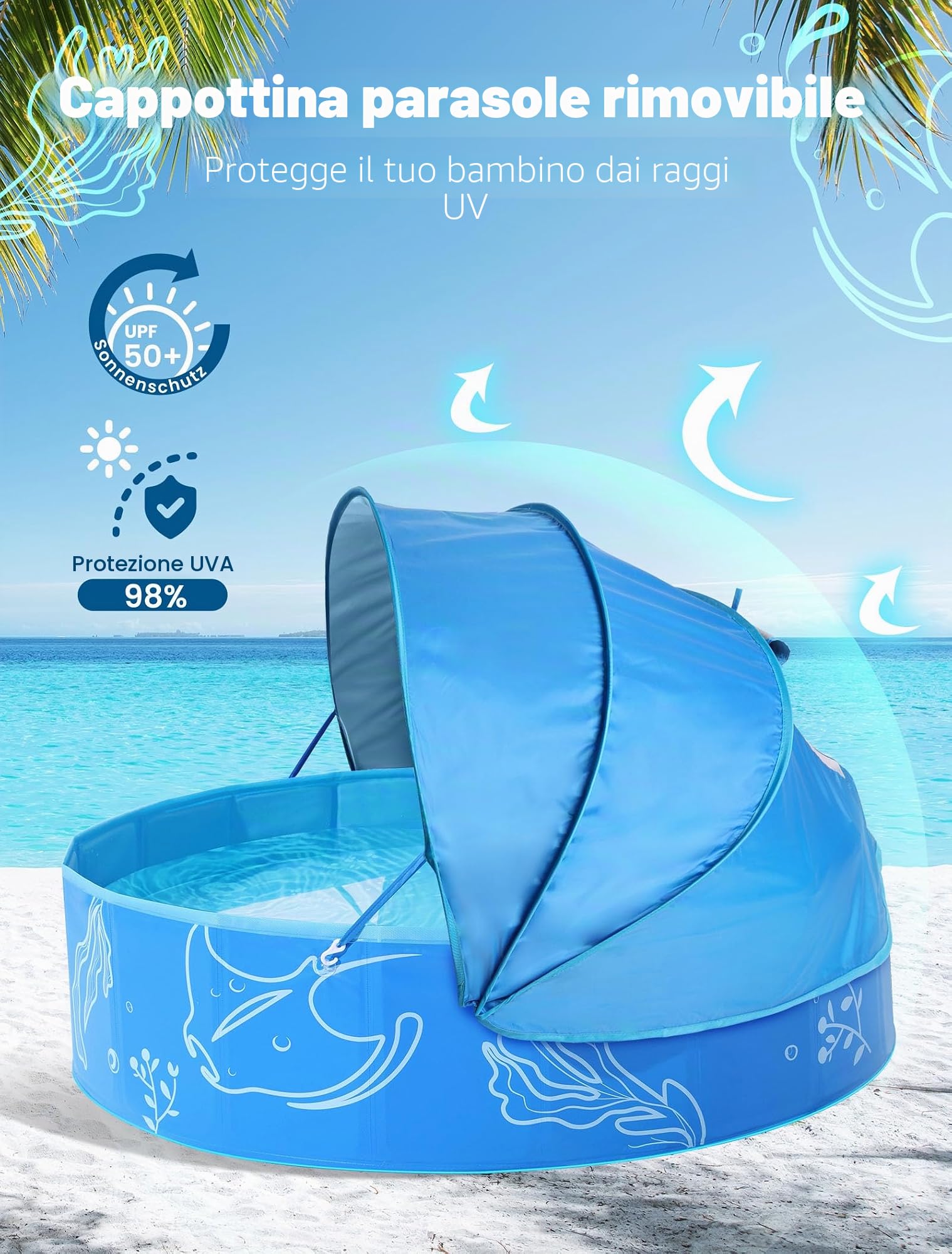 Hikiddy Piscina Pop-up per Bambini con Tettoia: Piscina Parasole per Bambini, Blu