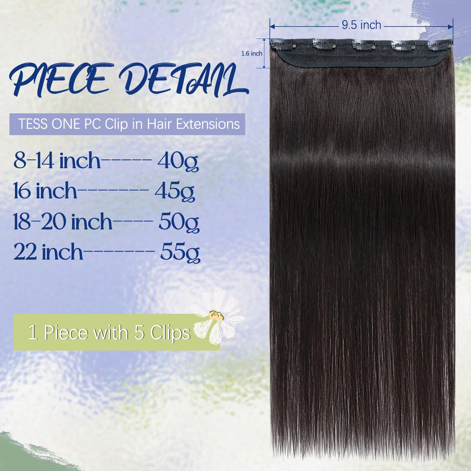 TESS Clip In Hair Extension,Hair Extensions Real Human Hair One Peice 5 Clips Straight Natural Hairpieces for Womens/Girls(#1B Natural Black,24Inch) - Image 2