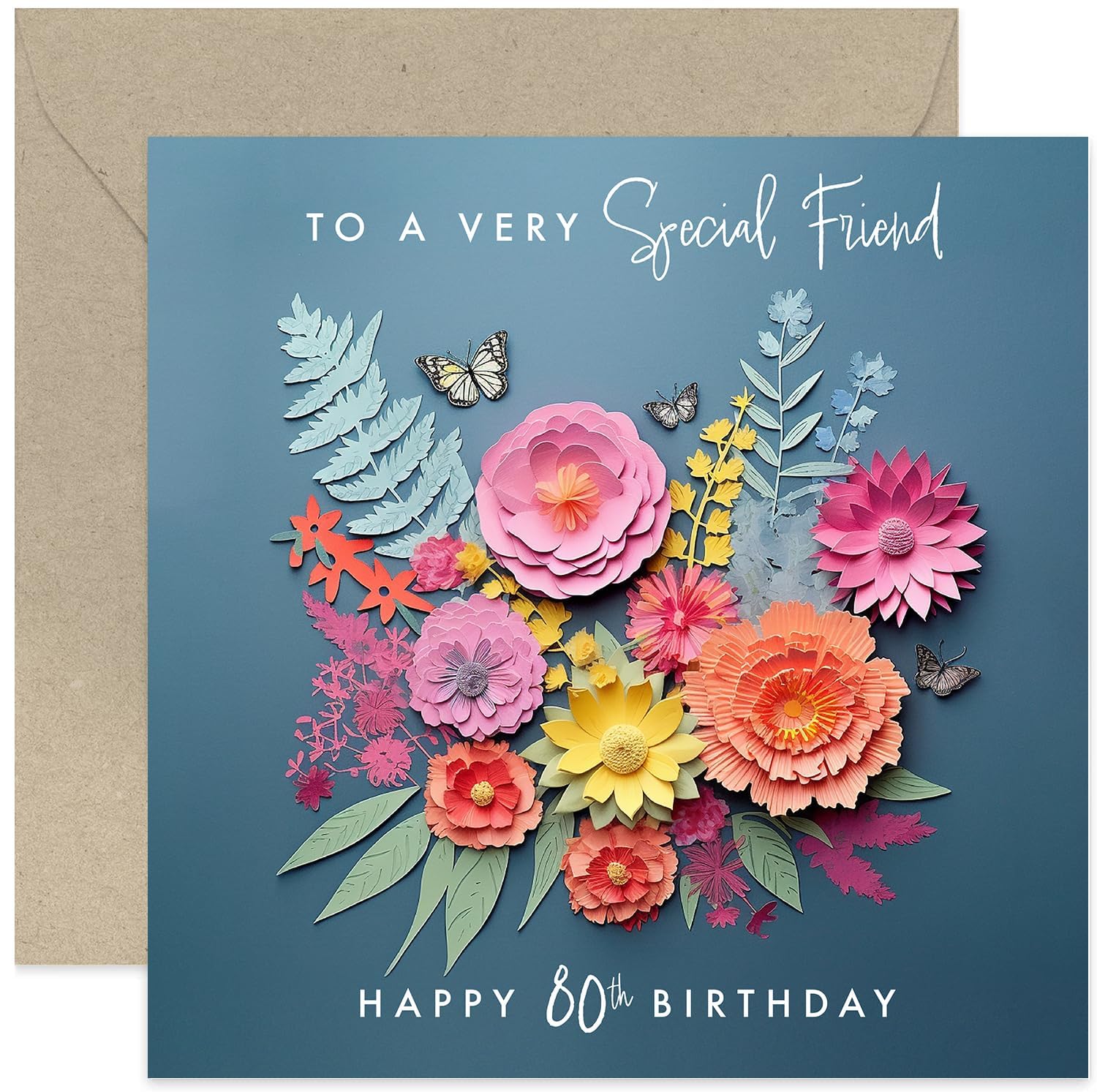 Old English Co. Special Friend 80th Birthday Card for Her - Age 80 Years Old - Gifts for Her - Dark Flower Bunch and Butterfly Artwork Birthday Card -