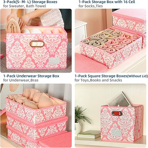 Miniatura 6 de SEEKIND Caja de almacenamiento contenedores de almacenamiento decorativos con tapa juego 6 en 1 con asas plegables para ahorrar espacio para brasier