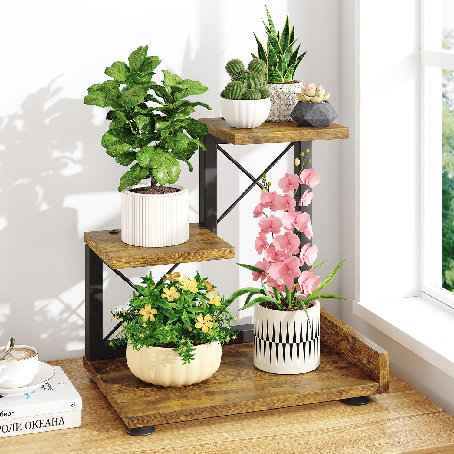 LASZOLA Indoor 3 Tier Table Top Corner Plant Stand, Heavy Duty Wood and Metal Succulents Shelf, Vertical Countertop Planter Display Rack Organizer for Office Kitchen, Desk Accessories, Rustic Brown