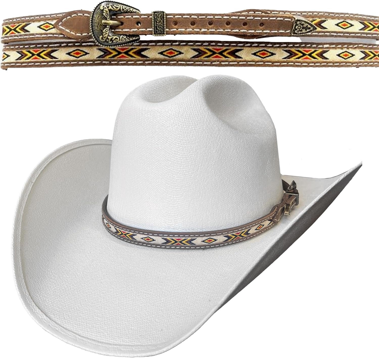 Genuine Leather Hat Band with Woven Center Trim and Adjustable Buckle for Cowboy Hats, Authentic Western Style