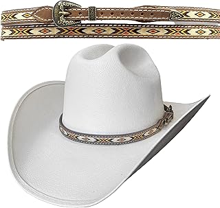 Genuine Leather Hat Band with Woven Center Trim and Adjustable Buckle for Cowboy Hats,