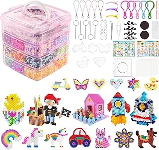 adorbox Juego de 14900 cuentas para planchar, 36 colores, 5 mm, con 6 placas de perlas para planchar, 4 unidades, 6 cuadrículas, caja de clasificación rosa, 120 patrones, 5 accesorios de papel de