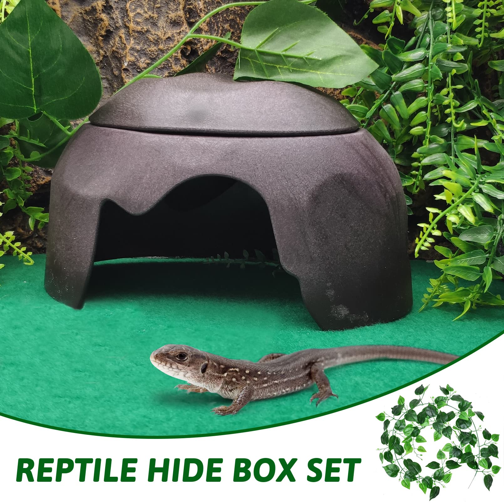 Hamiledyi Reptile Hide Box With Humidifier Sink - Gecko Hideout Cave & Flexible Leaf, Habitat Decor For Lizards, Snakes, Spiders