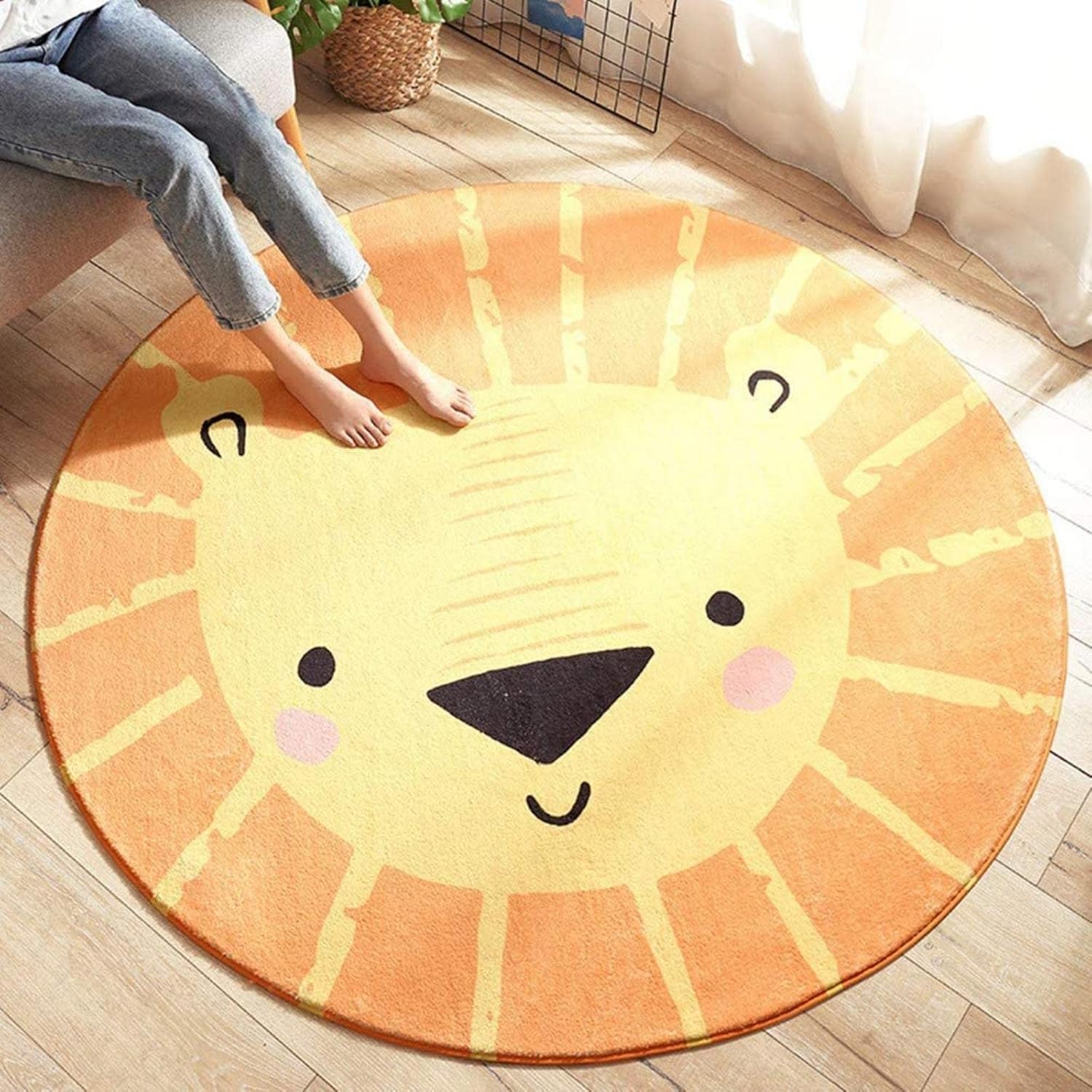 MOJUN Round Area Rugs Children Crawling Mat, 4.6 Ft Soft Plush Non-Slip Lion Childrens Carpet Kids Nursery Door Mat for Living Room Bedroom Kids Room Decor, Orange
