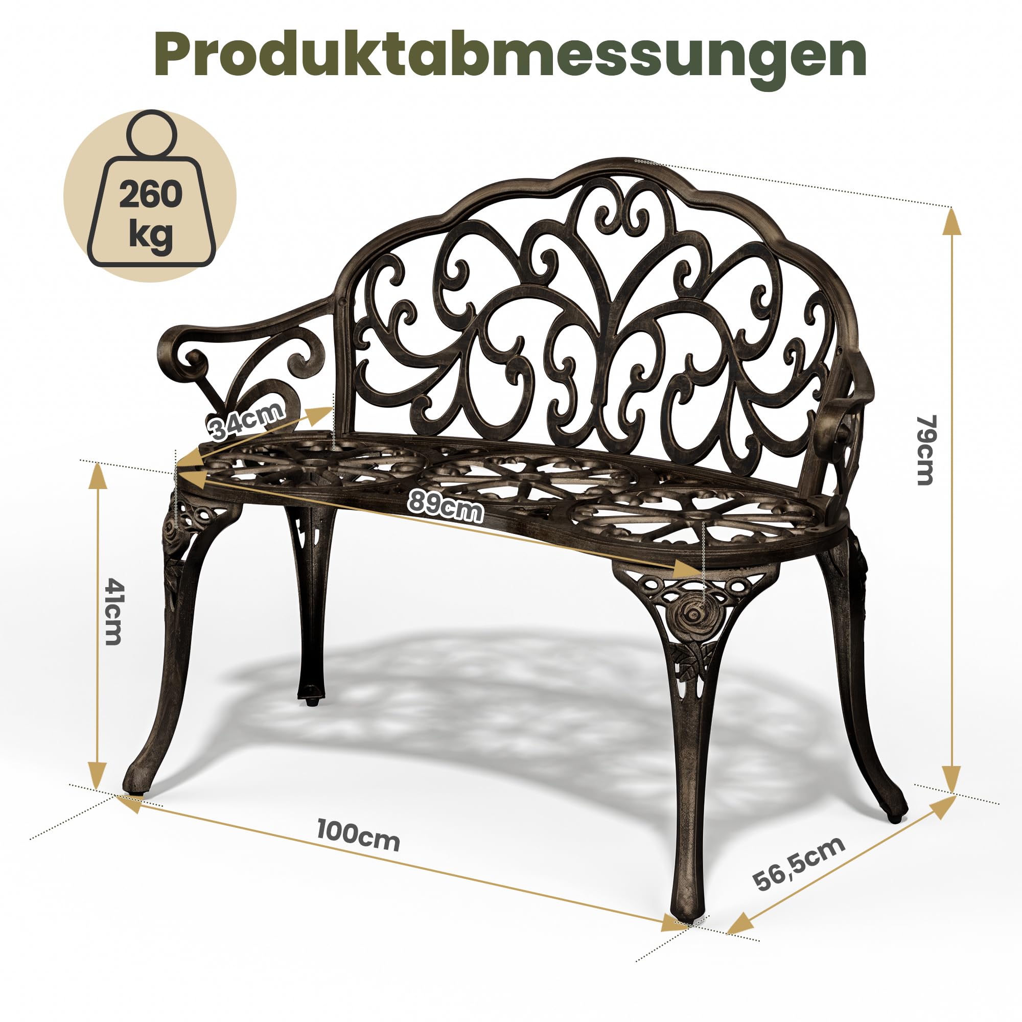 Pamapic Gartenbank 2 Sitzer, Gartenbank Wetterfest Alu mit Vintage-Schnitzdesign, Sitzbank Outdoor mit Rückenlehne und Armlehnen, Parkbank für Garten, Balkon, Veranda, Bronze