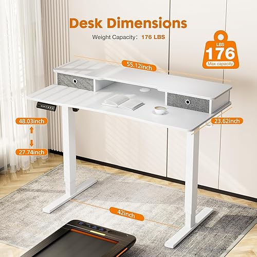 Miniatura 8 de Sweetcrispy Escritorio eléctrico de pie de altura ajustable con cajones, escritorio de pie de 55 x 24 pulgadas, ergonómico para oficina en casa,